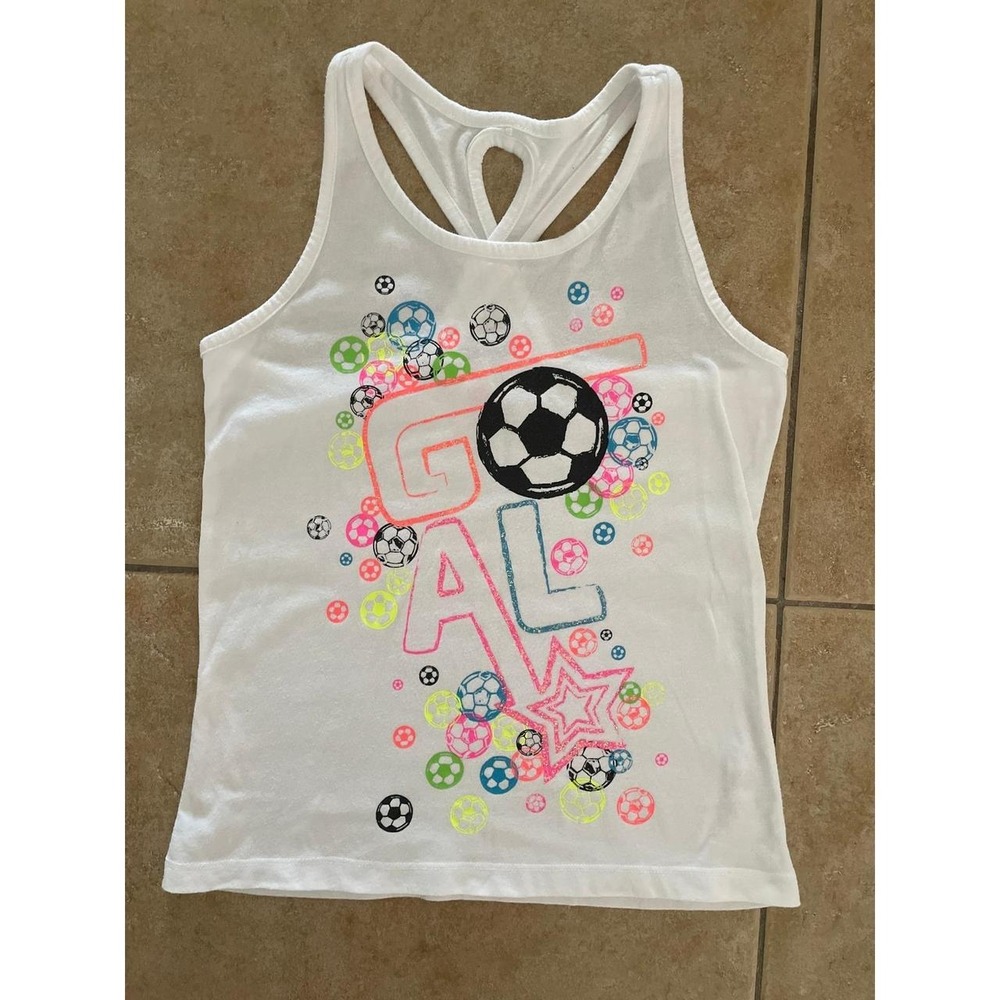 Girls White & Neon Glitter Soccer Graphic Racerback Tank Top Size L 14